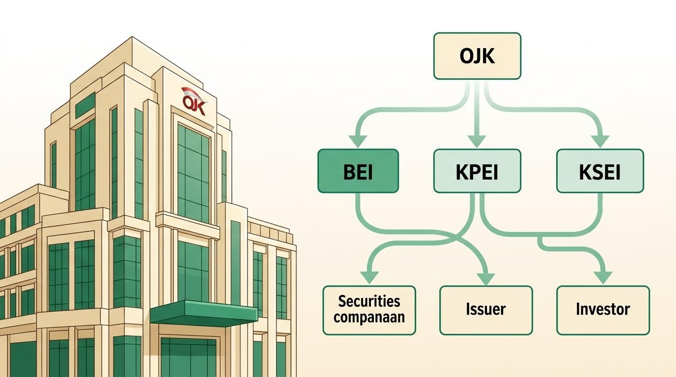 Ilustrasi gedung bursa dan diagram alur pasar modal Indonesia yang netral